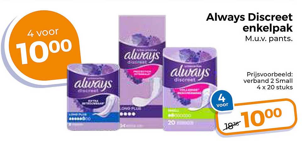Always Discreet enkelpak 4 voor 10,00