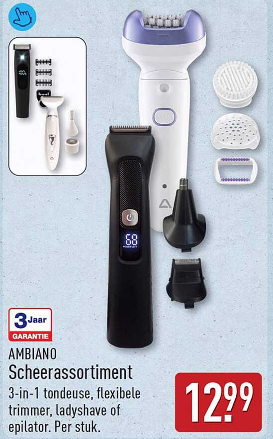 AMBIANO Scheerassortiment 3-in-1 tondeuse, flexibele trimmer, ladyshave of epilator. Per stuk.