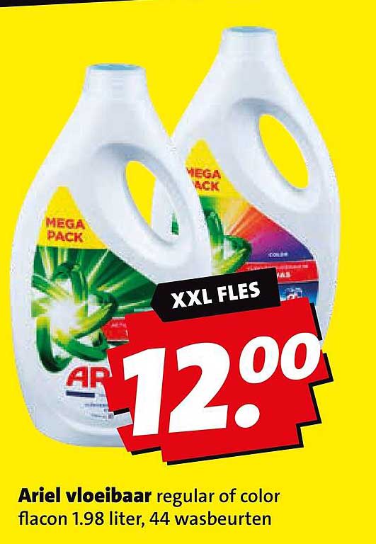 Ariel vloeibaar regular of color flacon 1.98 liter, 44 wasbeurten XXL FLES