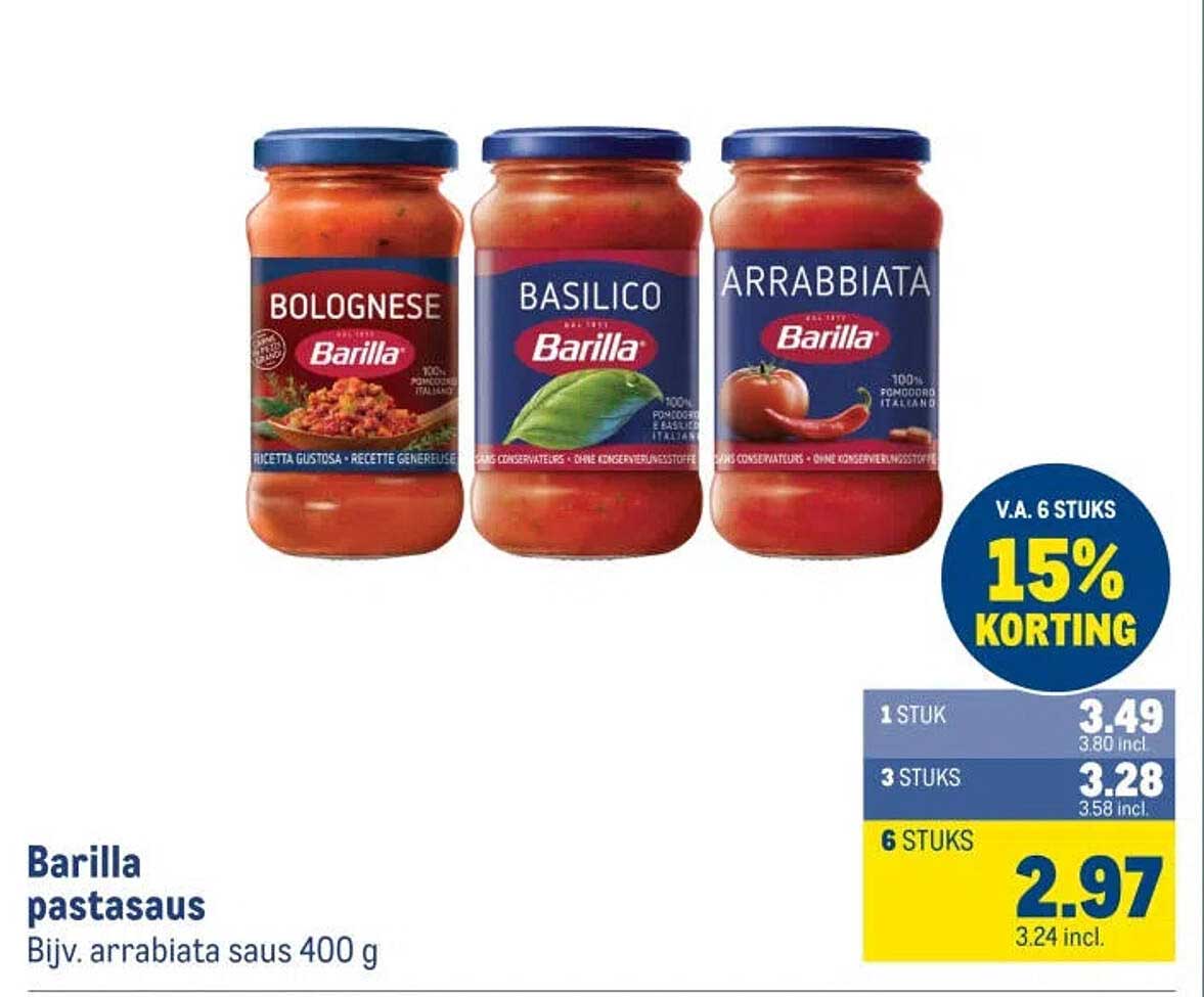 Barilla pastasaus Bijv. arrabiata saus 400 g v.a. 6 stuks 15% korting