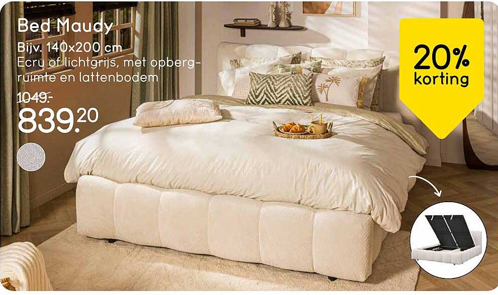 Bed Maudy Bijv. 140x200 cm Ecru of lichtgrijs, met opberg-ruimte en lattenbodem 20% korting