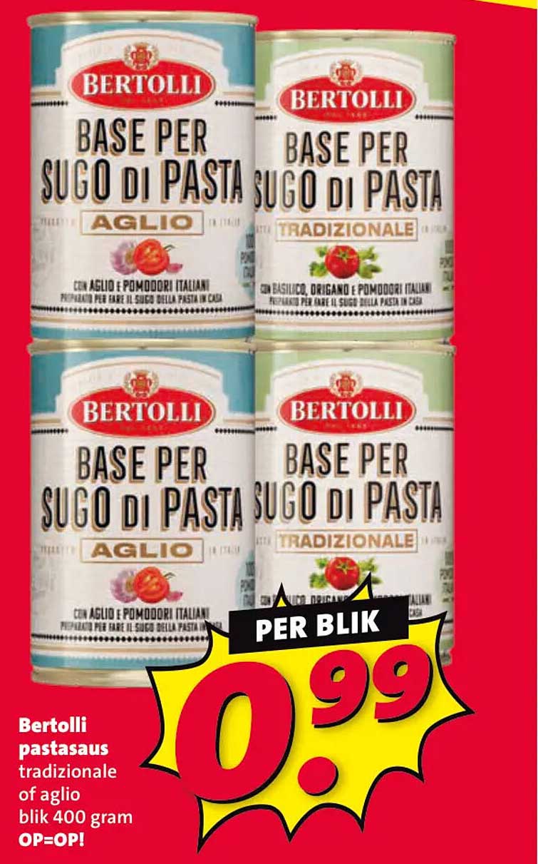 Bertolli pastasaus traditionele of aglio blik 400 gram OP=OP!