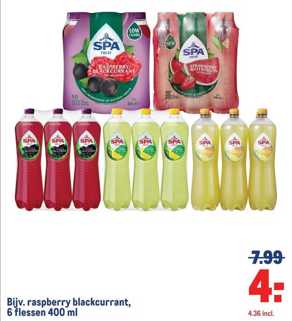 Bijv. raspberry blackcurrant, 6 flessen 400 ml