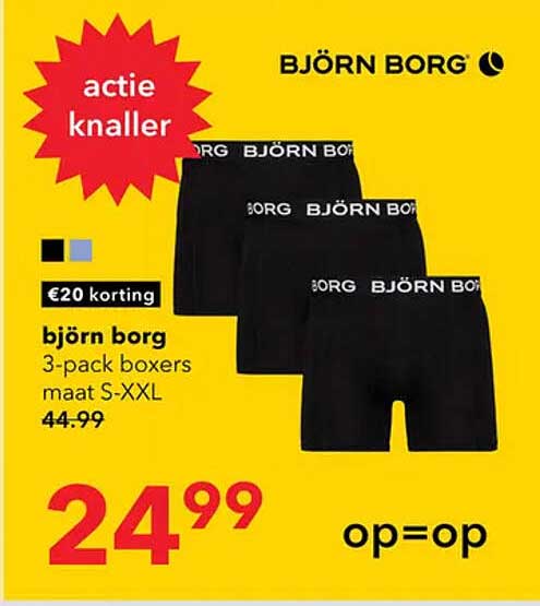 björn borg 3-pack boxers maat S-XXL €20 korting op=op