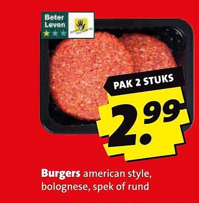 Burgers american style, bolognese, spek of rund PAK 2 STUKS