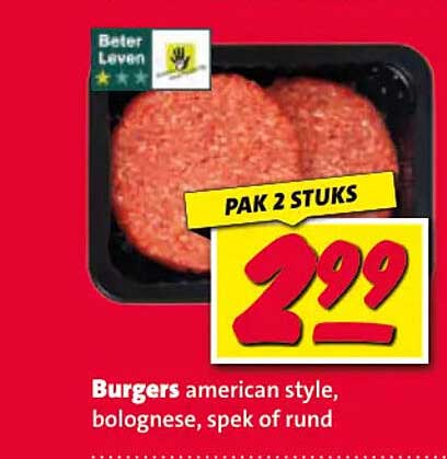 Burgers american style, bolognese, spek of rund PAK 2 STUKS