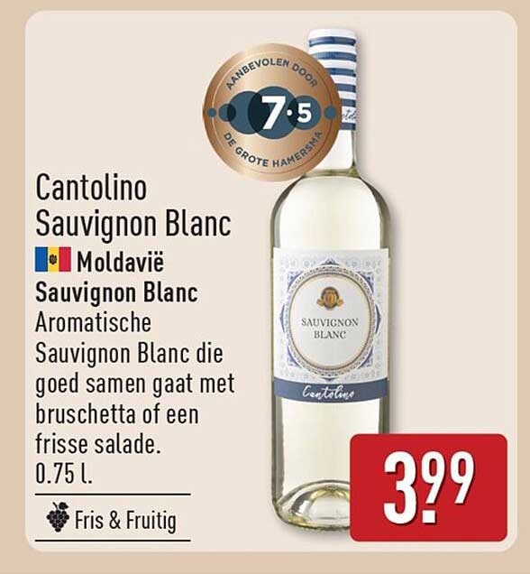 Cantolino Sauvignon Blanc Moldavië Sauvignon Blanc Aromatische Sauvignon Blanc die goed samen gaat met bruschetta of een frisse salade. 0.75 L. Fris & Fruitig