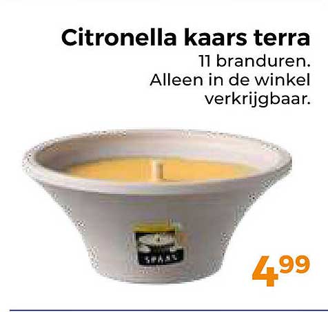 Citronella kaars terra 11 branduren. Alleen in de winkel verkrijgbaar.