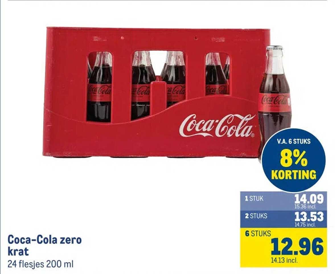 Coca-Cola zero krat 24 flesjes 200 ml V.A. 6 STUKS 8% KORTING