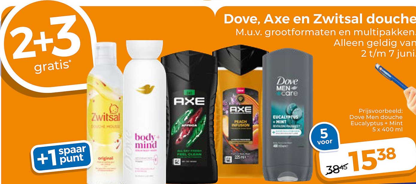 Dove, Axe en Zwitsal douche 2+3 gratis* +1 spaarpunt
