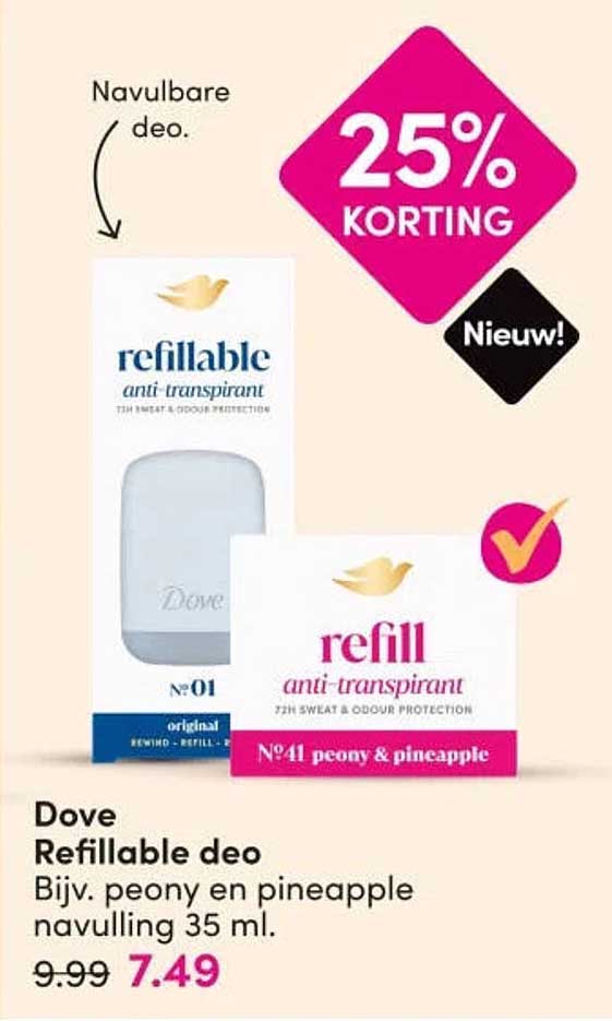 Dove Refillable deo Bijv. peony en pineapple navulling 35 ml 25% KORTING Nieuw!