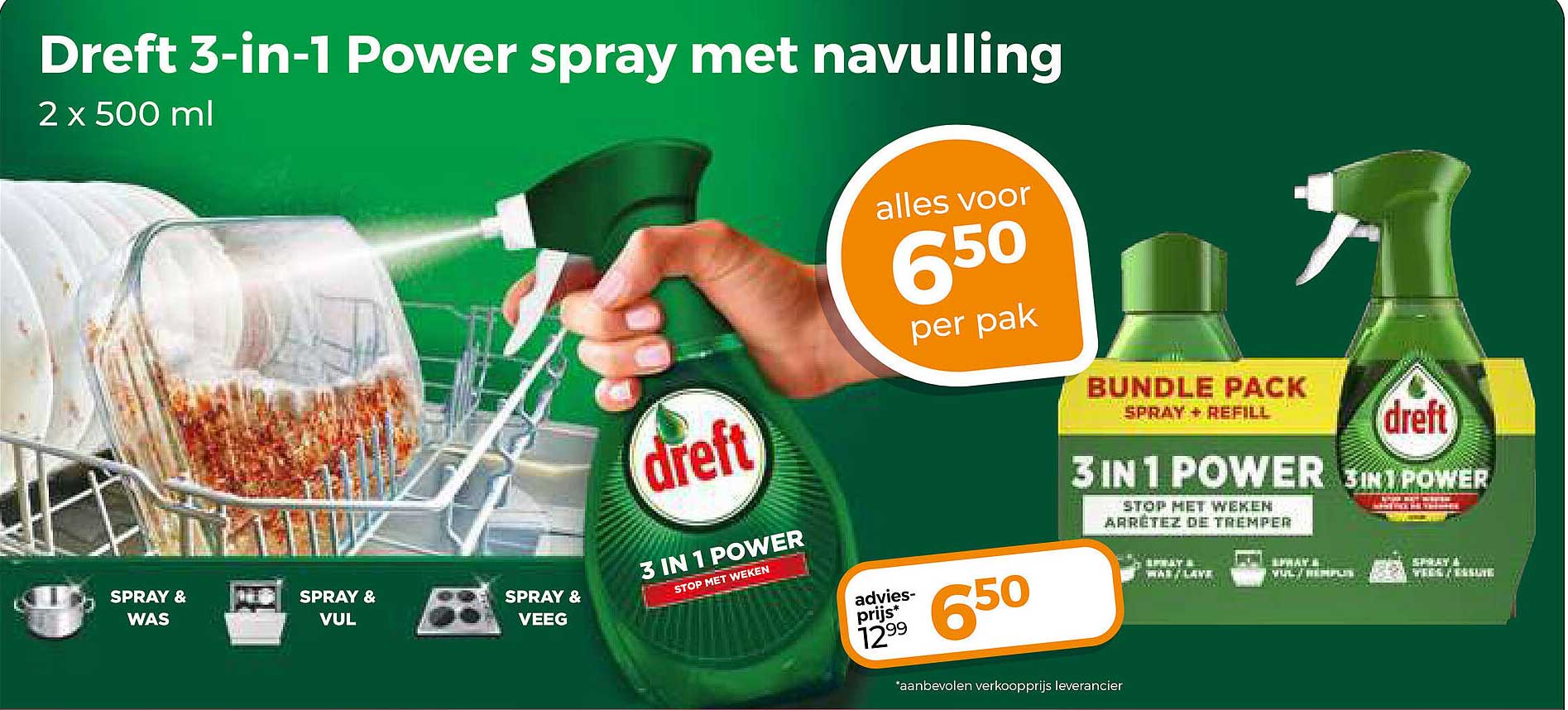 Dreft 3-in-1 Power spray met navulling 2 x 500 ml