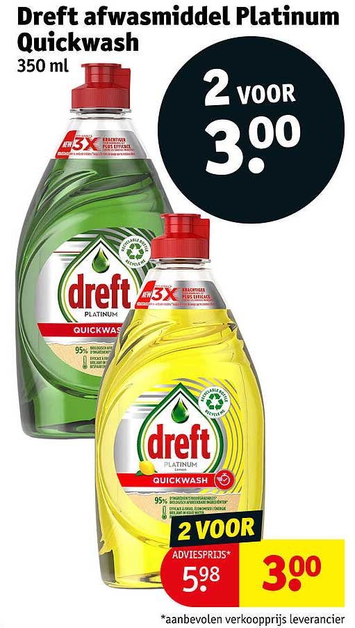 Dreft afwasmiddel Platinum Quickwash 350 ml 2 voor 3.00