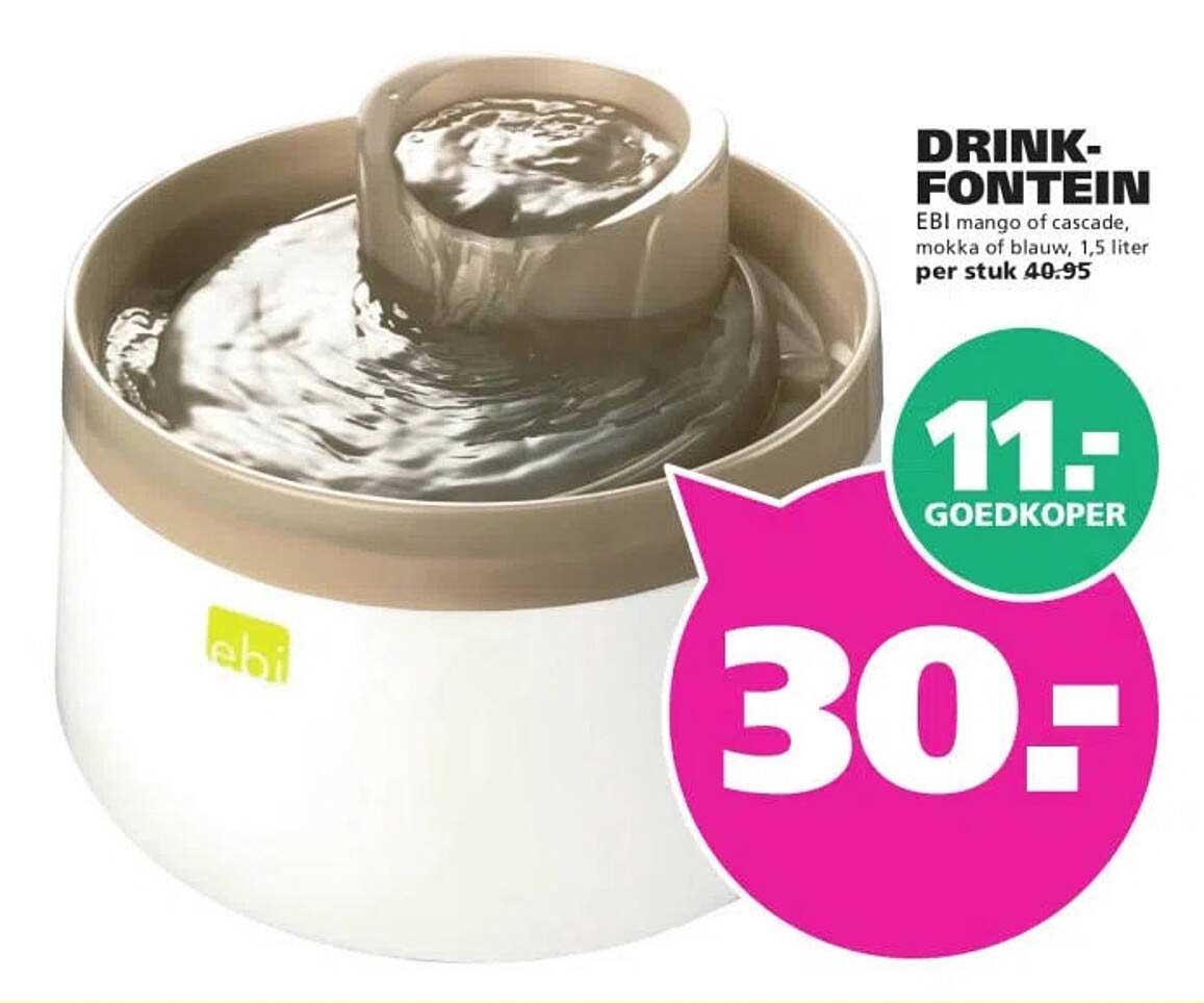 DRINK-FONTEIN EBI mango of cascade, mokka of blauw, 1,5 liter per stuk 40.95 11.- goedkoper