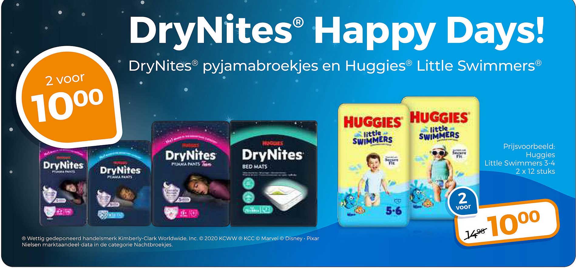 DryNites Happy Days! DryNites® pyjamabroekjes en Huggies® Little Swimmers® 2 voor 10,00