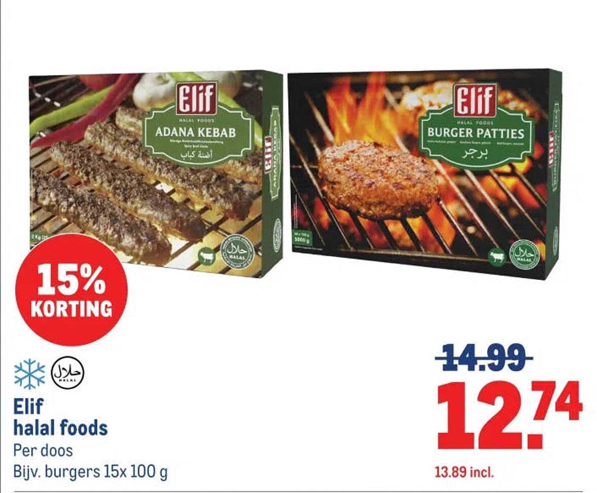 Elif halal foods Per doos Bijv. burgers 15x 100 g 15% KORTING