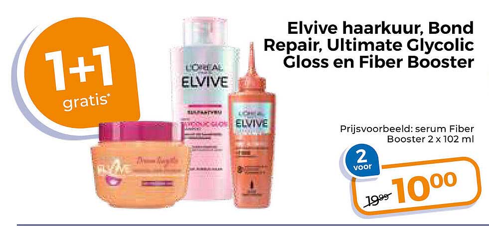 Elvive haarkuur, Bond Repair, Ultimate Glycolic Gloss en Fiber Booster 1+1 gratis
