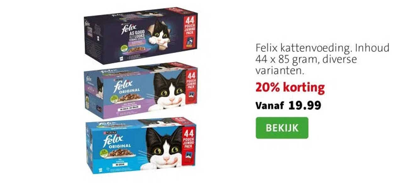 Felix kattenvoeding. Inhoud 44 x 85 gram, diverse varianten. 20% korting
