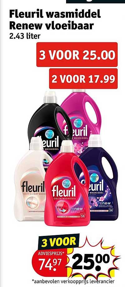 Fleuril wasmiddel Renew vloeibaar 2.43 liter 3 VOOR 25.00 2 VOOR 17.99