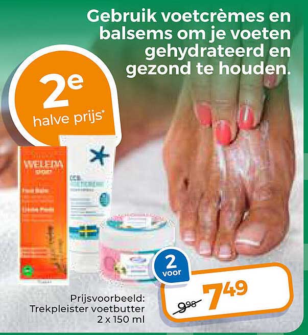 Gebruik voetcrèmes en balsems om je voeten gehydrateerd en gezond te houden. 2e halve prijs