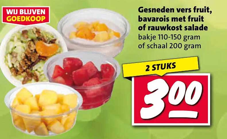 Gesneden vers fruit, bavarois met fruit of rauwkost salade bakje 110-150 gram of schaal 200 gram 2 STUKS