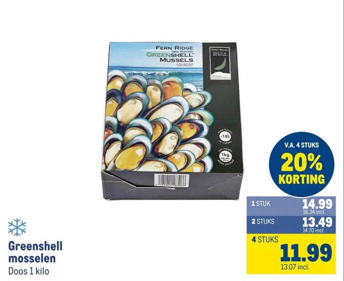 Greenshell mosselen Doos 1 kilo V.A. 4 STUKS 20% KORTING