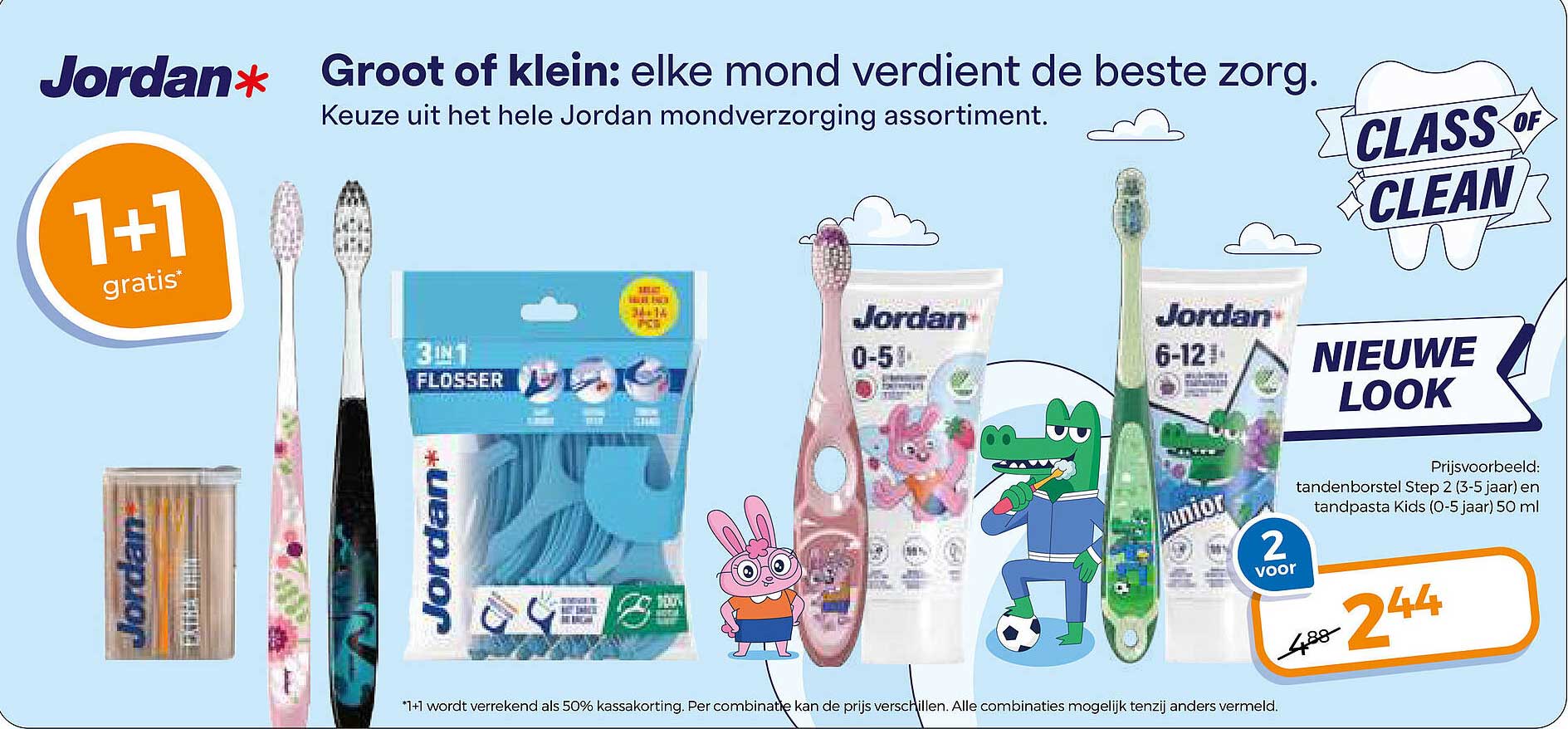 Groot of klein: elke mond verdient de beste zorg. Keuze uit het hele Jordan mondverzorging assortiment. 1+1 gratis
