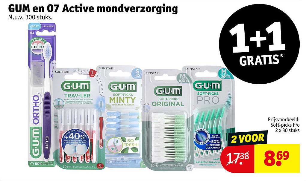 GUM en 07 Active mondverzorging M.u.v. 300 stuks. 1+1 GRATIS*