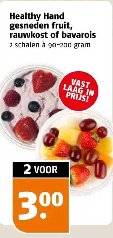 Healthy Hand gesneden fruit, rauwkost of bavarois 2 schalen à 90-200 gram