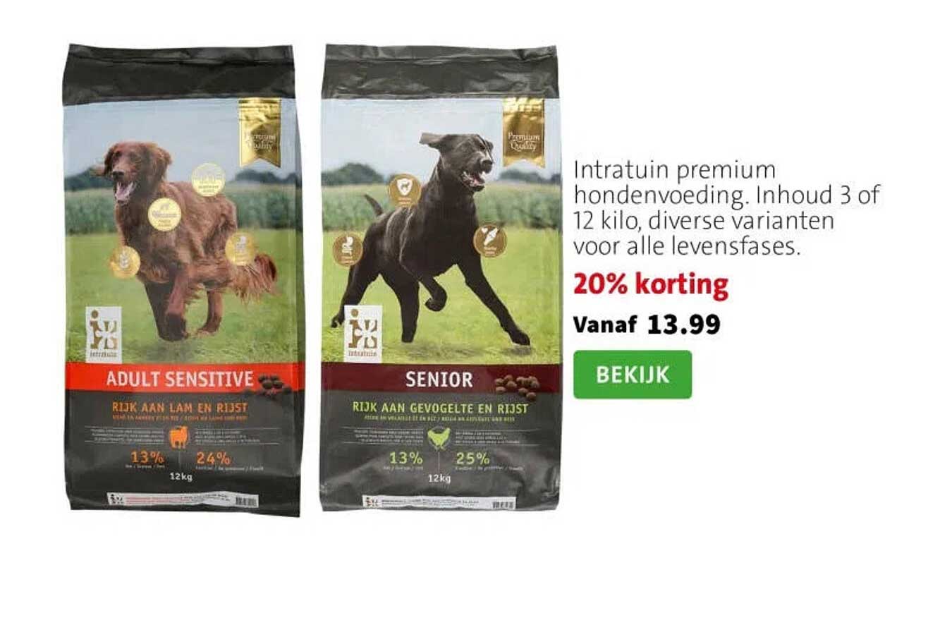 Intratuin premium hondenvoeding, Inhoud 3 of 12 kilo, diverse varianten voor alle levensfases