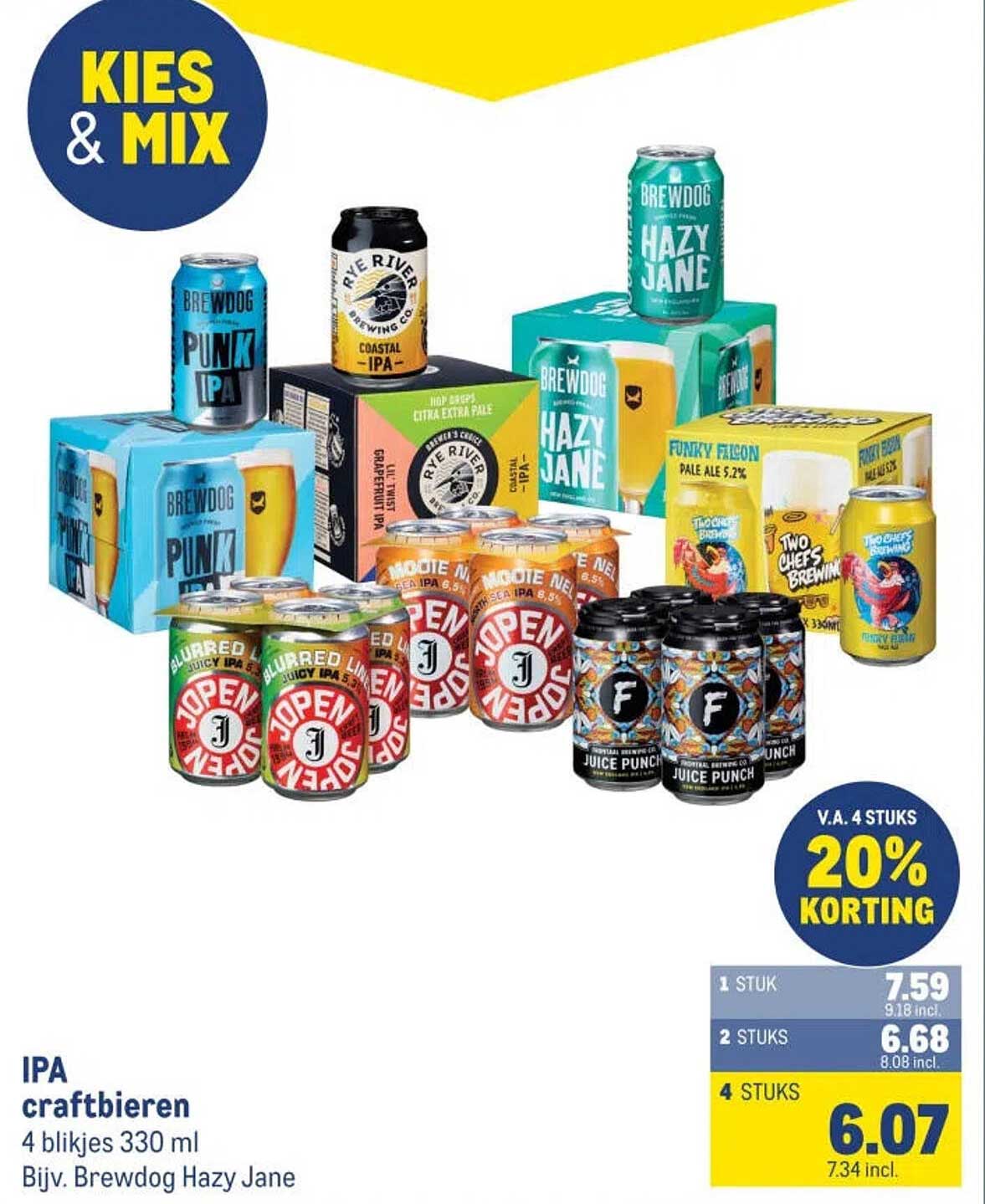 IPA craftbieren 4 blikjes 330 ml Bijv. Brewdog Hazy Jane V.A. 4 stuks 20% korting