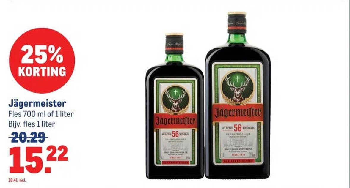 Jägermeister Fles 700 ml of 1 liter Bijv. fles 1 liter 25% Korting