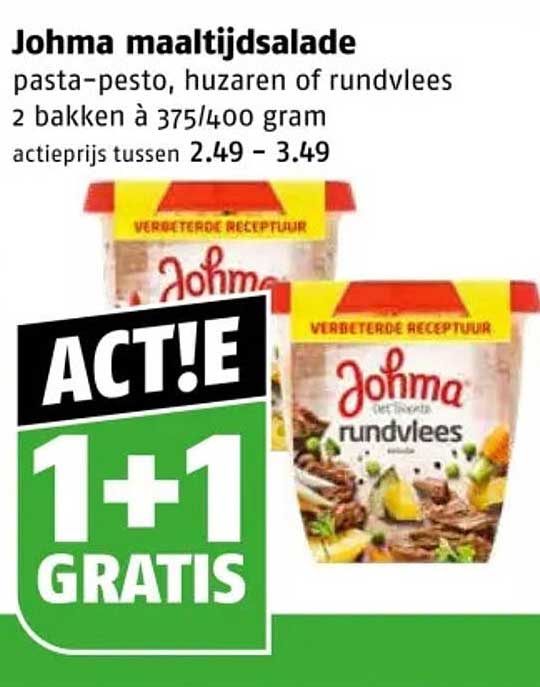 Johma maaltijdsalade pasta-pesto, huzaren of rundvlees 2 bakken à 375/400 gram 1+1 GRATIS