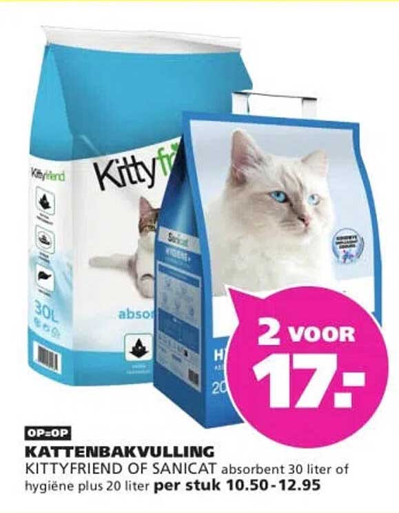 KATTENBAKVULLING KITTYFRIEND OF SANICAT absorbent 30 liter of hygiëne plus 20 liter per stuk 10.50-12.95 2 voor 17,-