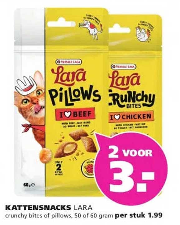 KATTENSNACKS LARA crunchy bites of pillows, 50 of 60 gram per stuk 1.99 2 voor 3.-
