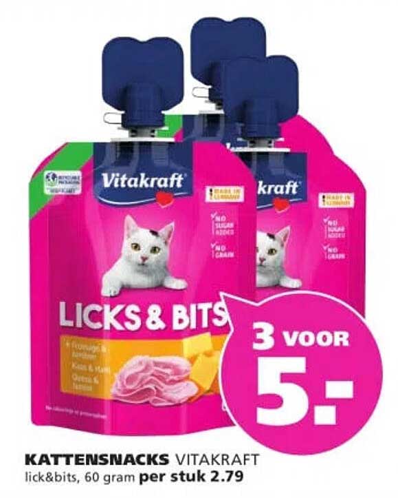 KATTENSNACKS VITAKRAFT lick&bits, 60 gram per stuk 3 voor 5.-