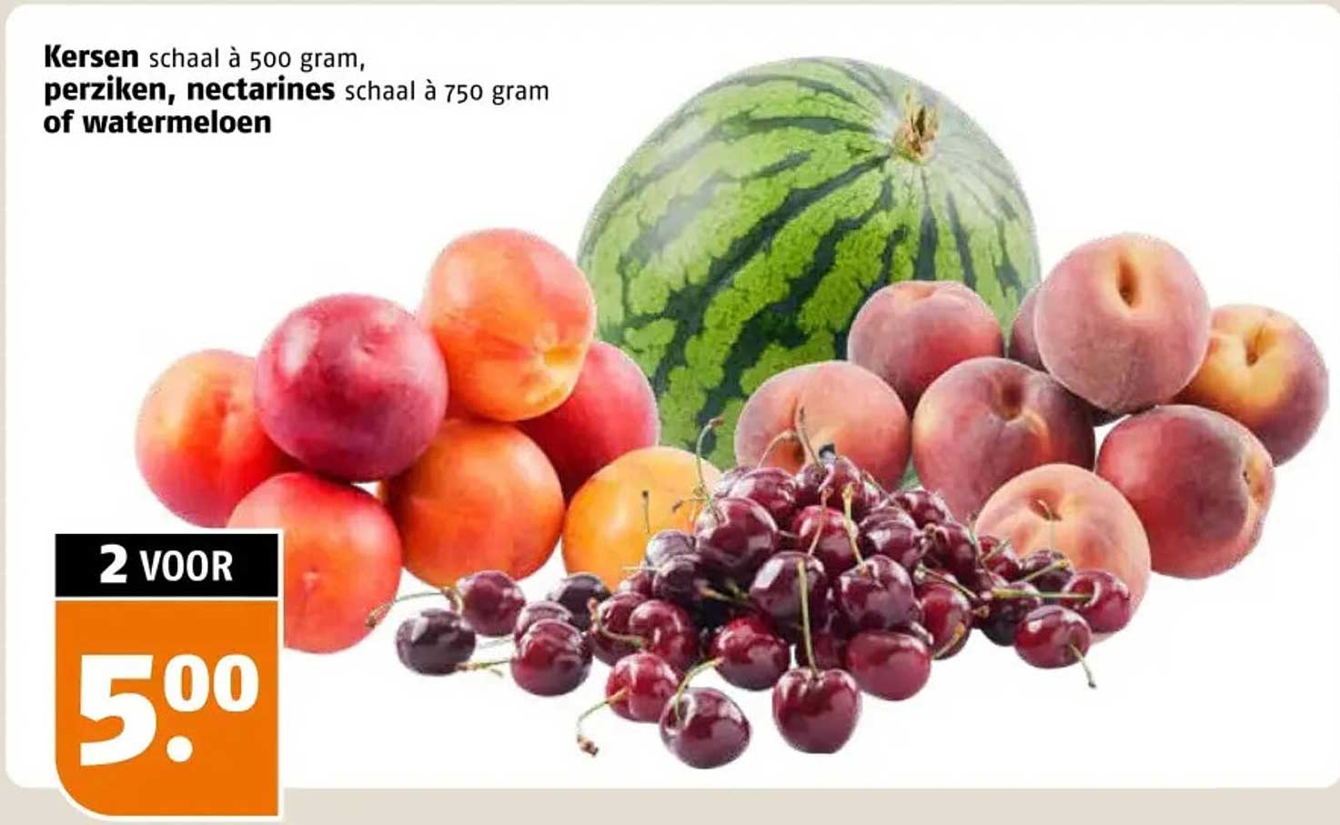 Kersen schaal à 500 gram, perziken, nectarines schaal à 750 gram of watermeloen