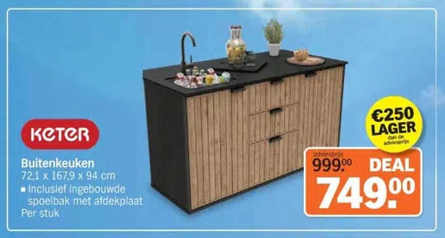 Keter Buitenkeuken 72,1 x 167,9 x 94 cm inclusief ingebouwde spoelbak met afdekplaat Per stuk