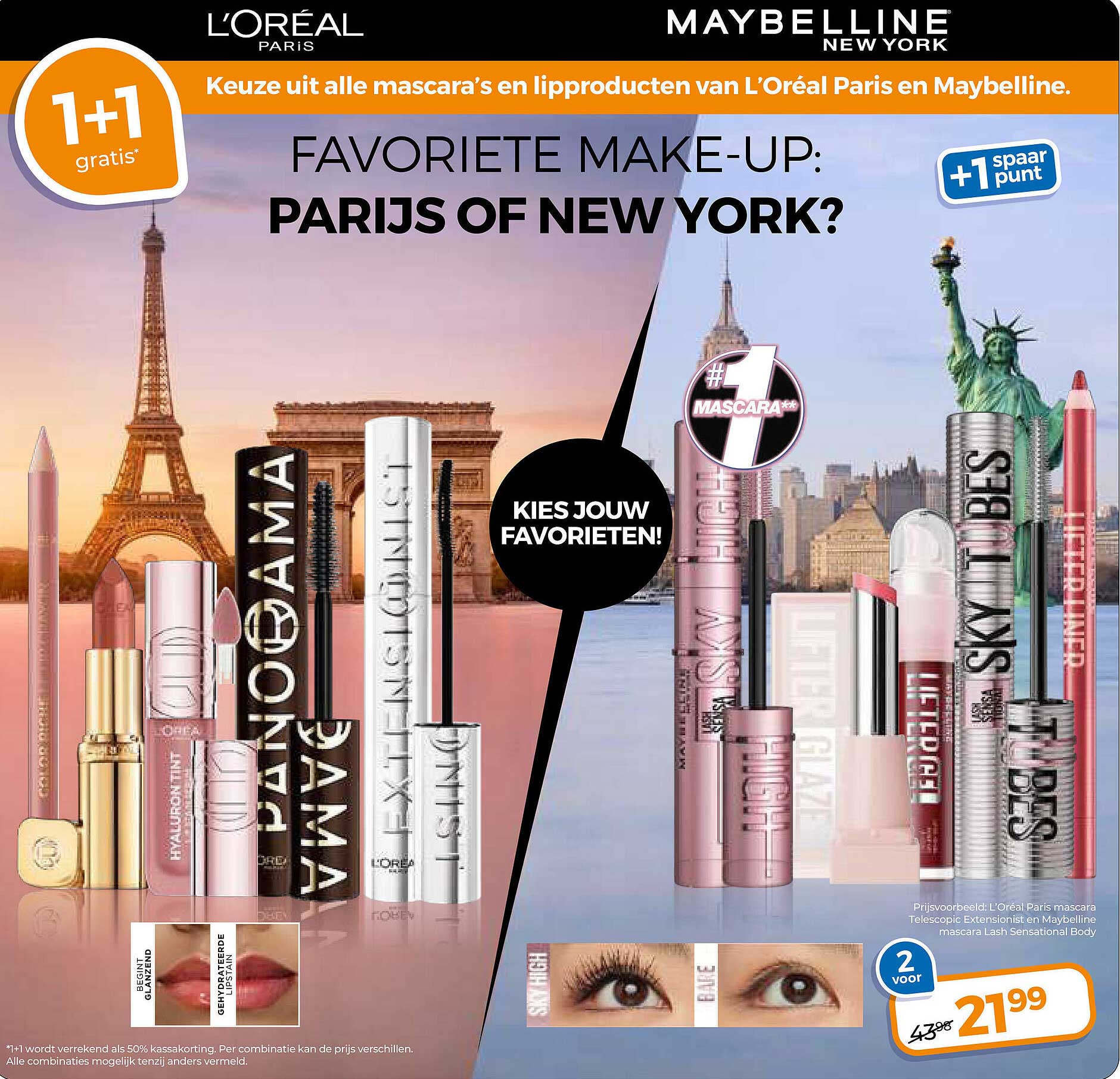 Keuze uit alle mascara’s en lippproducten van L’Oréal Paris en Maybelline 1+1 gratis