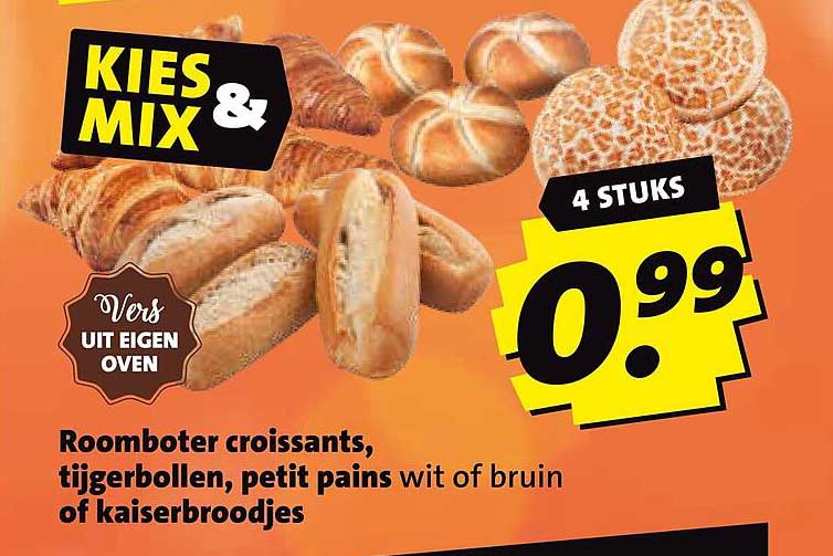 Kies mix & 4 stuks Roomboter croissants, tijgerbollen, petit pains wit of bruin of kaiserbroodjes