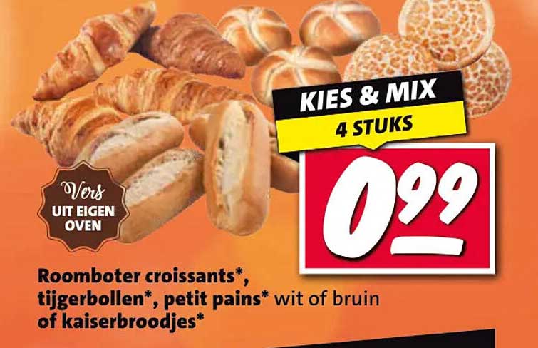 Kies & Mix 4 stuks Roomboter croissants*, tijgerbollen*, petit pains* wit of bruin of kaiserbroodjes*