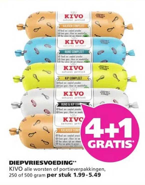 KIVO alle worsten of portieverpakkingen, 250 of 500 gram 4+1 GRATIS