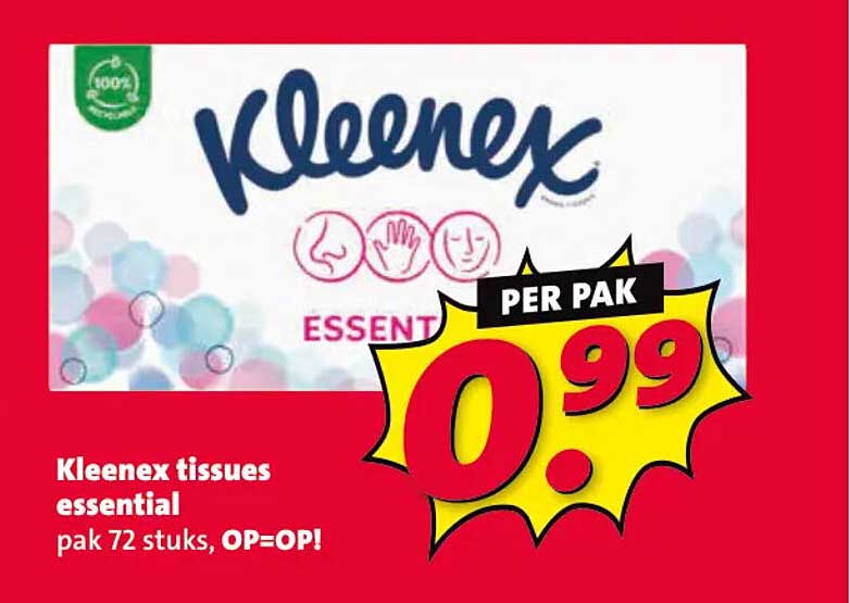 Kleenex tissues essential pak 72 stuks, OP=OP! PER PAK