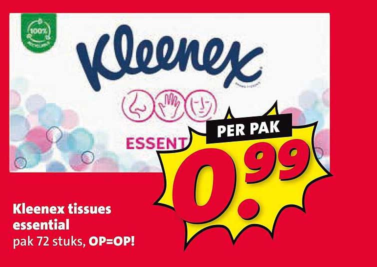 Kleenex tissues essential pak 72 stuks, OP=OP! PER PAK