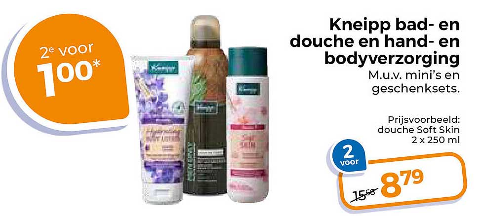 Kneipp bad- en douche en hand- en bodyverzorging M.u.v. mini’s en geschenksets. 2e voor 100*