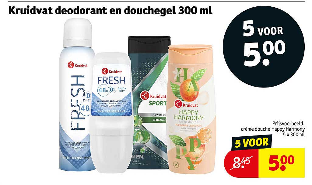 Kruidvat deodorant en douchegel 300 ml 5 voor 5.00