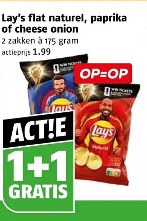 Lay's flat naturel, paprika of cheese onion 2 zakken à 175 gram 1+1 GRATIS