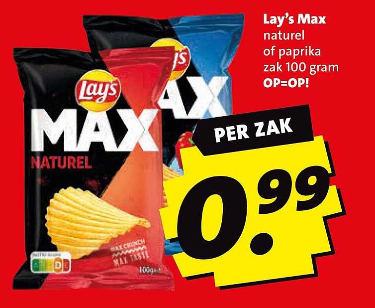 Lay's Max naturel of paprika zak 100 gram OP=OP!