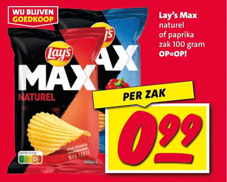 Lay’s Max naturel of paprika zak 100 gram OP=OP!