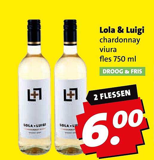 Lola & Luigi chardonnay viura fles 750 ml DROOG & FRIS 2 FLESSEN